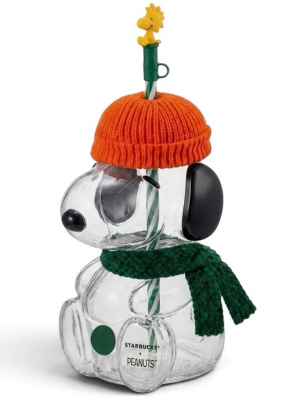 Starbucks Peanuts Snoopy Glass Cold Cup with Orange Hat & Green Scarf